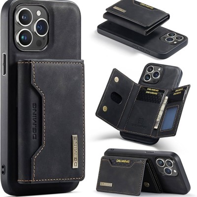 For iP15 Pro Max Luxury Vertical Magnetic Button Card ID Holder PU Leather Case Cover - Black