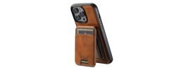 For iP15 Pro Max Luxury Vertical Magnetic Button Card ID Holder PU Leather Case Cover - Brown