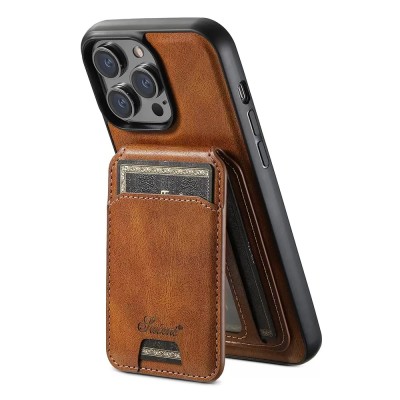 For iP15 Pro Max Luxury Vertical Magnetic Button Card ID Holder PU Leather Case Cover - Brown