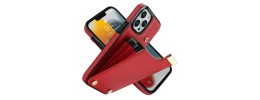 For iP15 Pro Max Luxury Vertical Magnetic Button Card ID Holder PU Leather Case Cover - Red