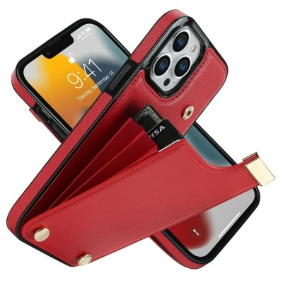 For iP15 Pro Max Luxury Vertical Magnetic Button Card ID Holder PU Leather Case Cover - Red
