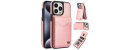 For iP15 Pro Max Luxury Vertical Magnetic Button Card ID Holder PU Leather Case Cover - Rose Gold