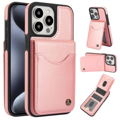 For iP15 Pro Max Luxury Vertical Magnetic Button Card ID Holder PU Leather Case Cover - Rose Gold