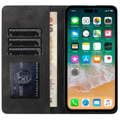 For iP15 Pro Max Luxury Wallet Card ID Zipper Money Holder Case Cover - Black