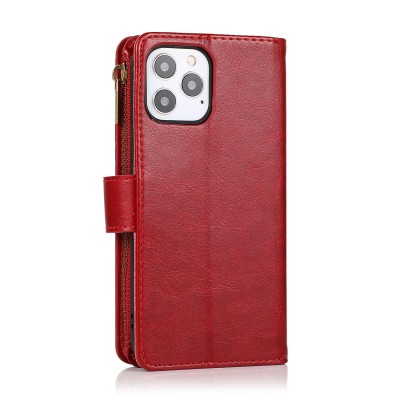 For iP15 Pro Max Luxury Wallet Card ID Zipper Money Holder Case Cover - Red