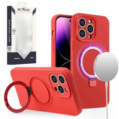 For iP15 Pro Max METKASE Premium Magnetic Circle Ring Stand LIQUID Silicone in Slide-Out Package - Red