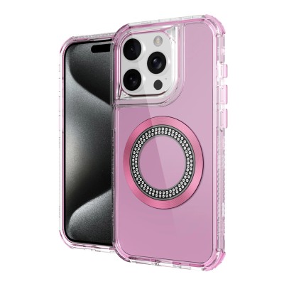 For iP15 Pro Max Magnetic Ring Circle Bling Chrome 3in1 Hybrid Case - Pink