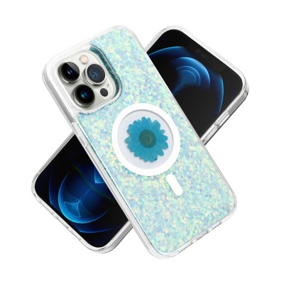 For iP15 Pro Max Magnetic Ring Circle Real Flower Epoxy Glitter Hybrid Case Cover - Light Blue