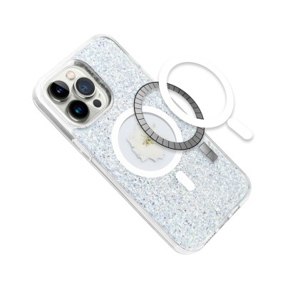 For iP15 Pro Max Magnetic Ring Circle Real Flower Epoxy Glitter Hybrid Case Cover - Silver