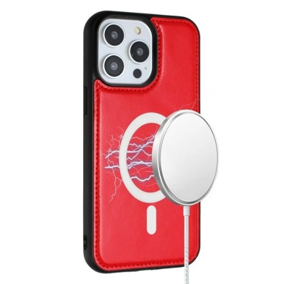 For iP15 Pro Max Magnetic Ring Compatible Deattachable PU Leather Hybrid Wallet Money Card Holder with Lanyard - Red