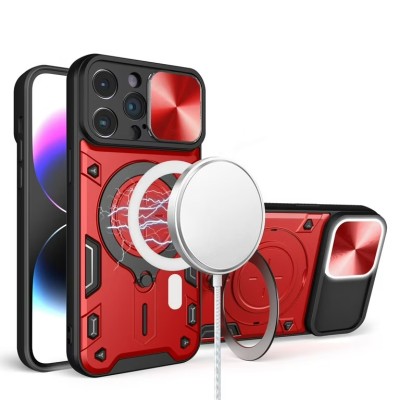 For iP15 Pro Max Magnetic Ring Stand Classic Design FULL Camera Protection Hybrid Case - Red