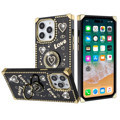 For iP15 Pro Max Magnetic Ring Stand Square Passion Hearts Glitter Case Cover - Black