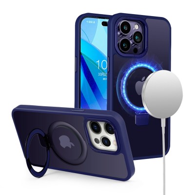 For iP15 Pro Max Metal Chrome Kickstand [Magnetic Circle] Shockproof Matching Camera Hybrid - Navy Blue