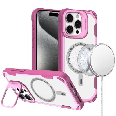 For iP15 Pro Max Metal Chrome Kickstand [Magnetic Circle] Shockproof Matching Camera Hybrid - Pink