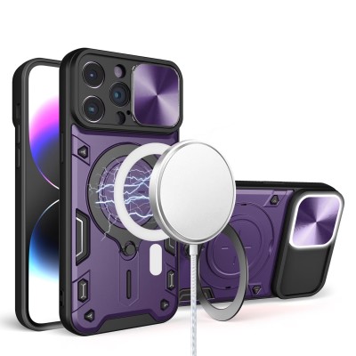 For iP15 Pro Max Metal Chrome Kickstand [Magnetic Circle] Shockproof Matching Camera Hybrid - Purple