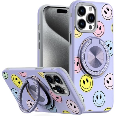 For iP15 Pro Max Metal Diamond CD Pattern Design Matte Finished Hybrid with Rotational Ring [Car Mount Friendly] Case - 5