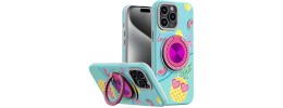For iP15 Pro Max Metal Diamond CD Pattern Design Matte Finished Hybrid with Rotational Ring [Car Mount Friendly] Case - Floral B