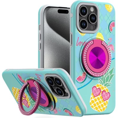 For iP15 Pro Max Metal Diamond CD Pattern Design Matte Finished Hybrid with Rotational Ring [Car Mount Friendly] Case - Floral B