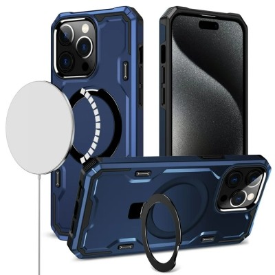 For iP15 Pro Max Multi-Functional Card Magnetic Ring Stand Hybrid Camera Case Cover - Blue