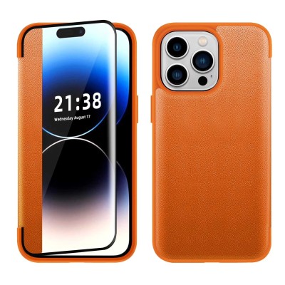 For iP15 Pro Max PU Leather Window Flap Case with Cover - Tan