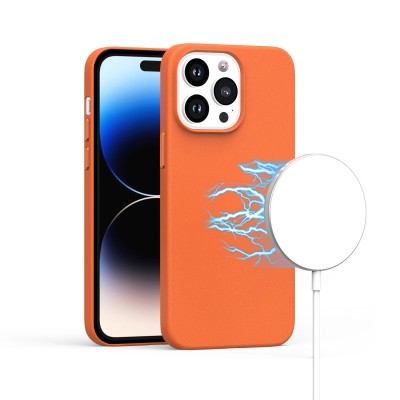 For iP15 Pro Max PU Leather with inner [Magnetic Circle] Colored Metal Buttons - Orange