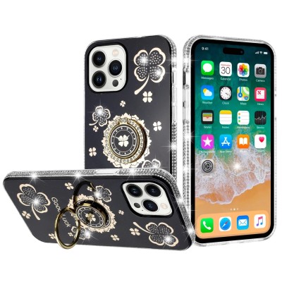 For iP15 Pro Max Party Diamond Bumper Bling Hybrid Case Cover - Black