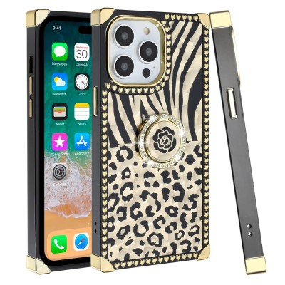 For iP15 Pro Max SQUARE Passion Glitter Diamond Ring Stand Case Cover - BLACK CHROME C