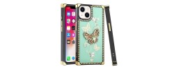 For iP15 Pro Max Passion Square Hearts Diamond Glitter Ornaments Engraving Case Cover - Good Luck Floral Gold