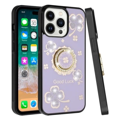 For iP15 Pro Max Passion Square Hearts Diamond Glitter Ornaments Engraving Case Cover - Good Luck Floral Purple