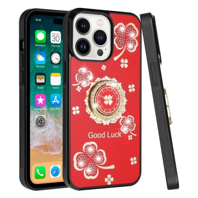 For iP15 Pro Max Passion Square Hearts Diamond Glitter Ornaments Engraving Case Cover - Good Luck Floral Red
