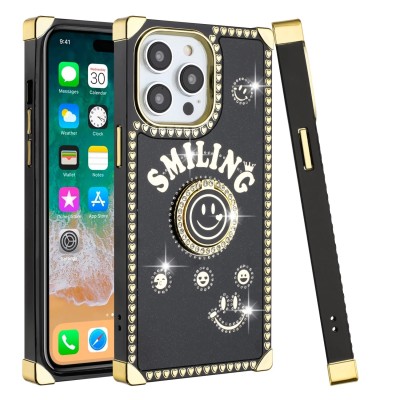 For iP15 Pro Max Passion Square Hearts Smiling Diamond Ring Stand Case Cover - Black
