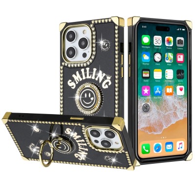 For iP15 Pro Max Passion Square Hearts Smiling Diamond Ring Stand Case Cover - Gold
