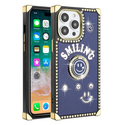 For iP15 Pro Max Passion Square Hearts Smiling Diamond Ring Stand Case Cover - Pink