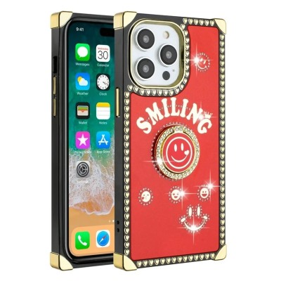For iP15 Pro Max Passion Square Hearts Smiling Diamond Ring Stand Case Cover - Red
