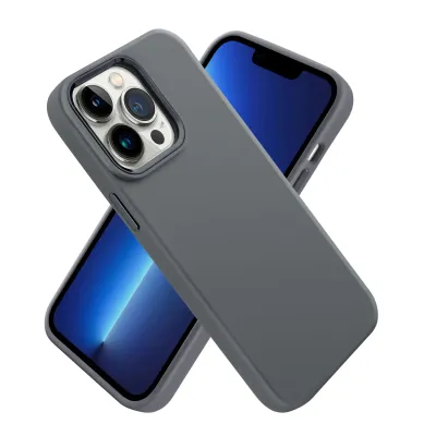 For iP15 Pro Max Premium LIQUID Silicone with Metal Buttons and Camera Edges Case Cover - Grey