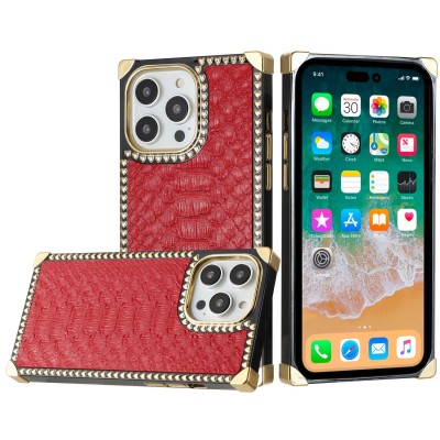 For iP15 Pro Max Premium PU Leather Square Heart Hybrid Case - Red