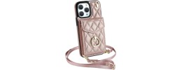 For iP15 Pro Max Purse Style Wallet Card ID Money Holder with Zip containing Long & Short Lanyard - Rose Gold