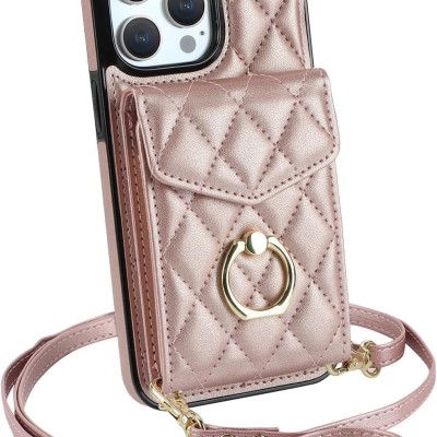 For iP15 Pro Max Purse Style Wallet Card ID Money Holder with Zip containing Long & Short Lanyard - Rose Gold