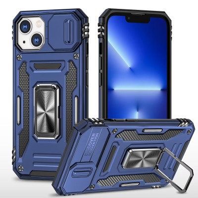 For iP15 Pro Max Push Mount Friendly Camera Protective [Ring Stand] Hybrid Case - Dark Blue