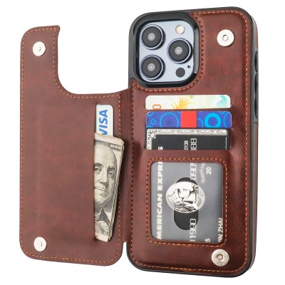 For iP15 Pro Max Retro Wallet Card Holder Case Cover - Brown