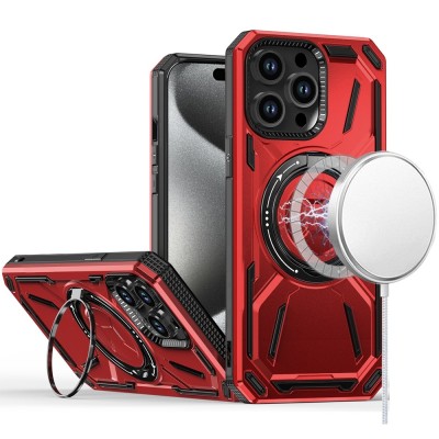 For iP15 Pro Max Ring Magnetic Kickstand Hybrid Case Cover - Red