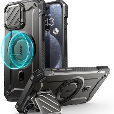 For iP15 Pro Max Robust Magnetic Kickstand Hybrid Case Cover - Black