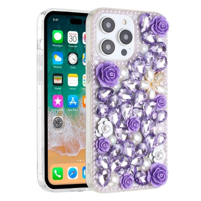 For iP15 Pro Max Rose Flower Full Diamond Bling Stones - Clear