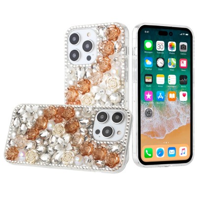 For iP15 Pro Max Rose Flower Full Diamond Bling Stones - Gold