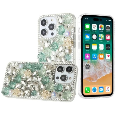 For iP15 Pro Max Rose Flower Full Diamond Bling Stones - Green