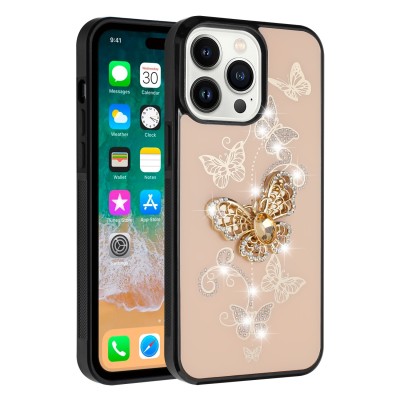 For iP15 Pro Max SPLENDID Diamond Glitter Ornaments Engraving Case Cover - Enchanted Butterfly Gold