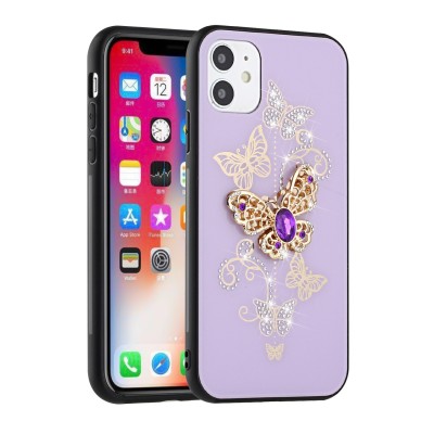 For iP15 Pro Max SPLENDID Diamond Glitter Ornaments Engraving Case Cover - Garden Butterflies Purple