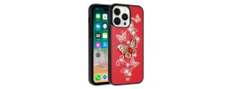 For iP15 Pro Max SPLENDID Diamond Glitter Ornaments Engraving Case Cover - Garden Butterflies Red