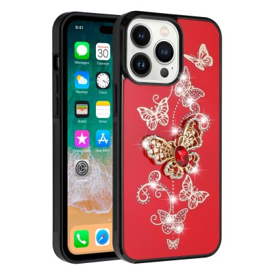 For iP15 Pro Max SPLENDID Diamond Glitter Ornaments Engraving Case Cover - Garden Butterflies Red
