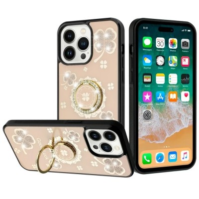 For iP15 Pro Max SPLENDID Diamond Glitter Ornaments Engraving Case Cover - Good Luck Floral Gold